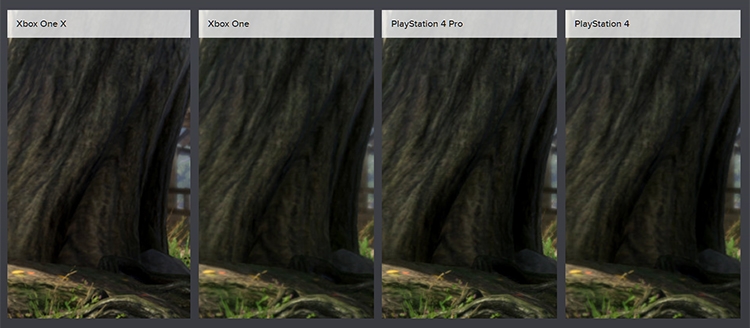  На PlayStation 4 эффект ambient occlusion имеет более высокое разрешение, чем на Xbox One. На PlayStation 4 Pro дерево в центре имеет наиболее выраженное затенение, а вариант для Xbox One X оказался где-то посередине между базовой и улучшенной PlayStation 4. 